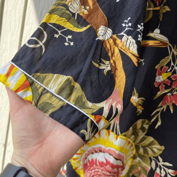 Vintage Lightweight Cotton Robe – Black Botanical Print, Belted Kimono Style - Picture 6 of 8